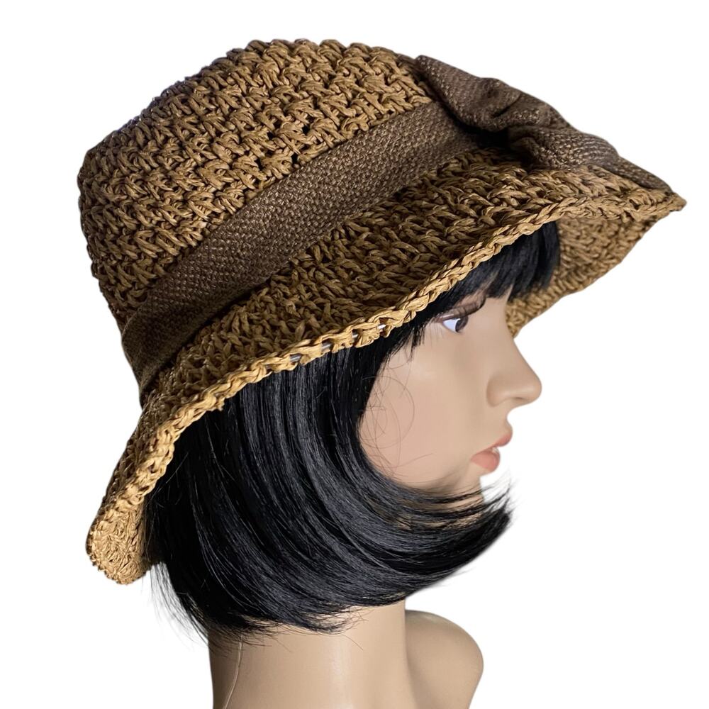 Women’s Straw Bucket Floppy Sun Hat 100% Paper with Flower Accent (Light Brown)